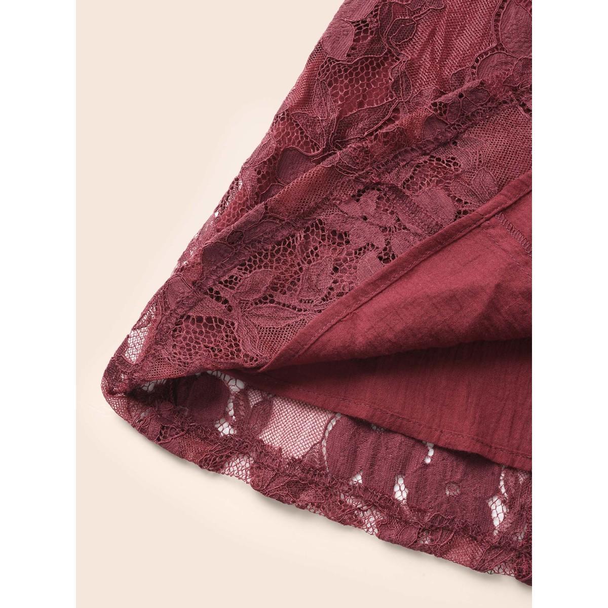 Plus Size Burgundy Square Neck Lace Panel Lantern Sleeve Blouse Women Elegant Elbow-length sleeve Square Neck Everyday Blouses BloomChic 10/M Product Image