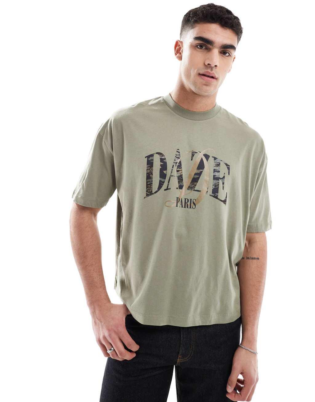 ASOS DESIGN boxy oversized T-shirt with text graphic in khaki Product Image