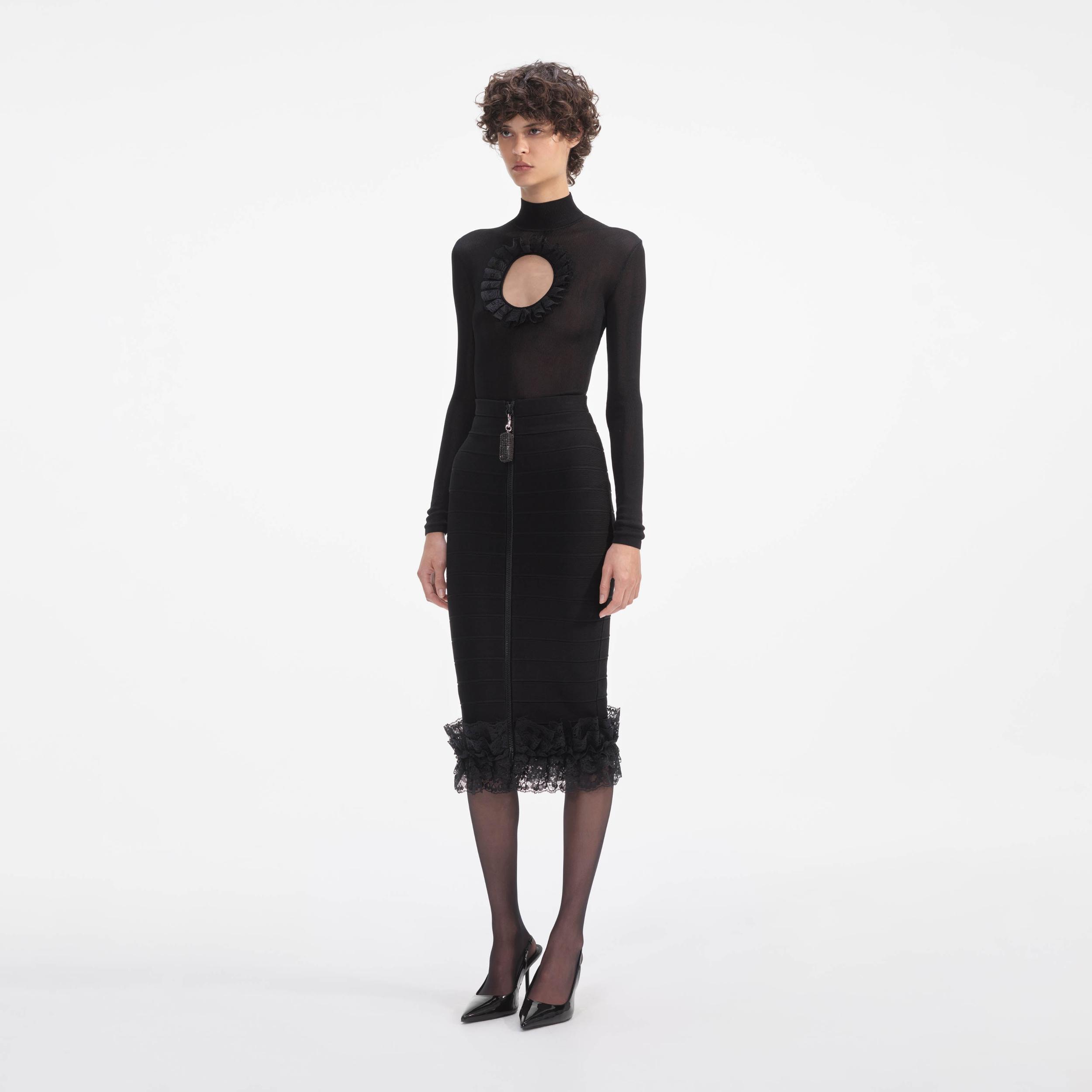 Black Ruffle Knit Midi Skirt Product Image