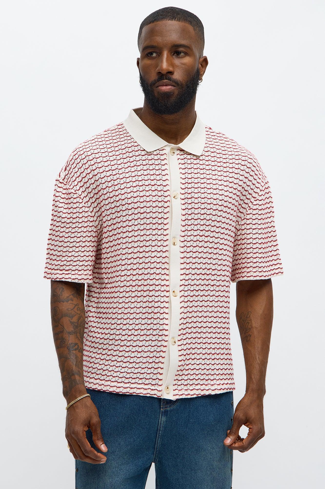 Regular Fit Color Block Button up Sweater Shirt - Cream/combo Product Image