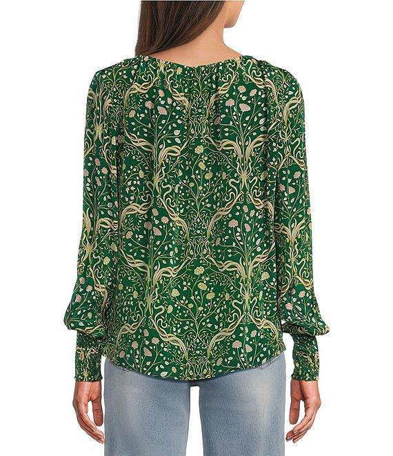 APNY Woven Printed Crew Neck Long Sleeve Smocked Cuff Blouse Product Image