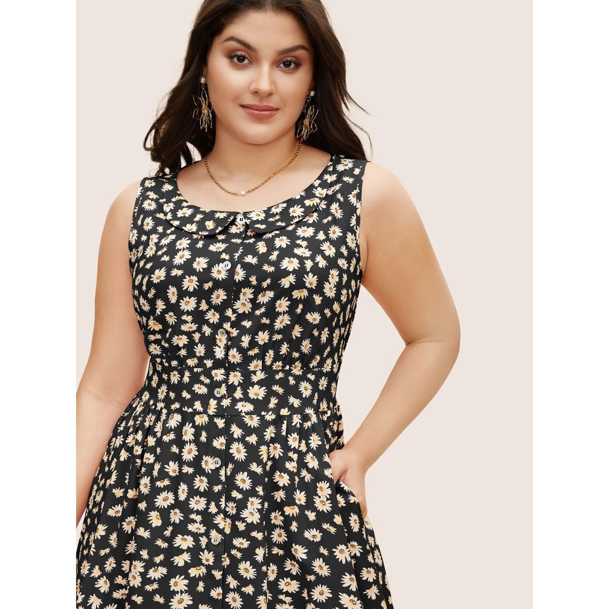 Plus Size Collared Daisy Midi Dress Black Women Elegant Gathered Lapel Collar Sleeveless Curvy BloomChic 22-24/3X Product Image