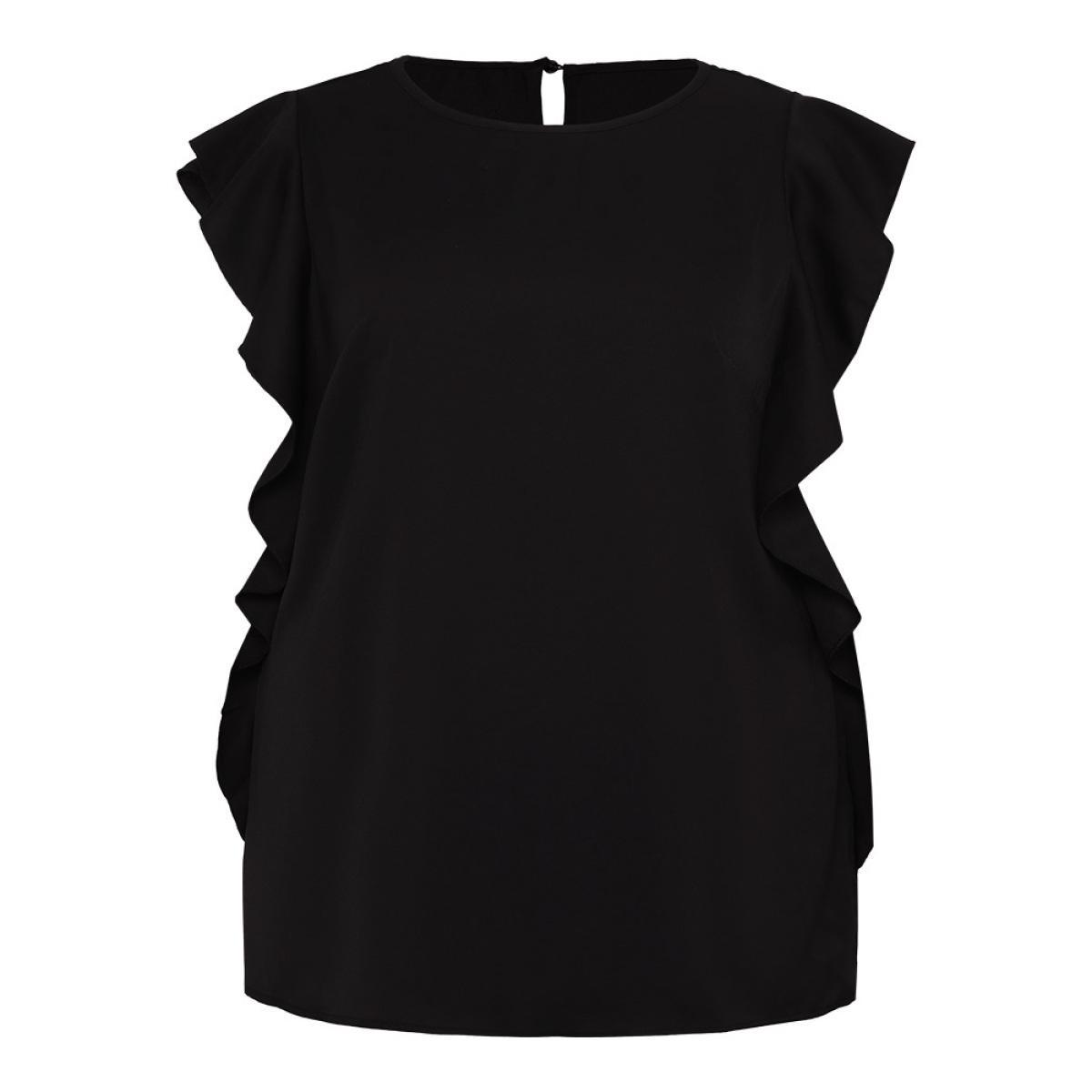 Plus Size Black Solid Crew Neck Ruffle Trim Blouse Women Office Cap Sleeve Round Neck Work Blouses BloomChic 30/6X Product Image