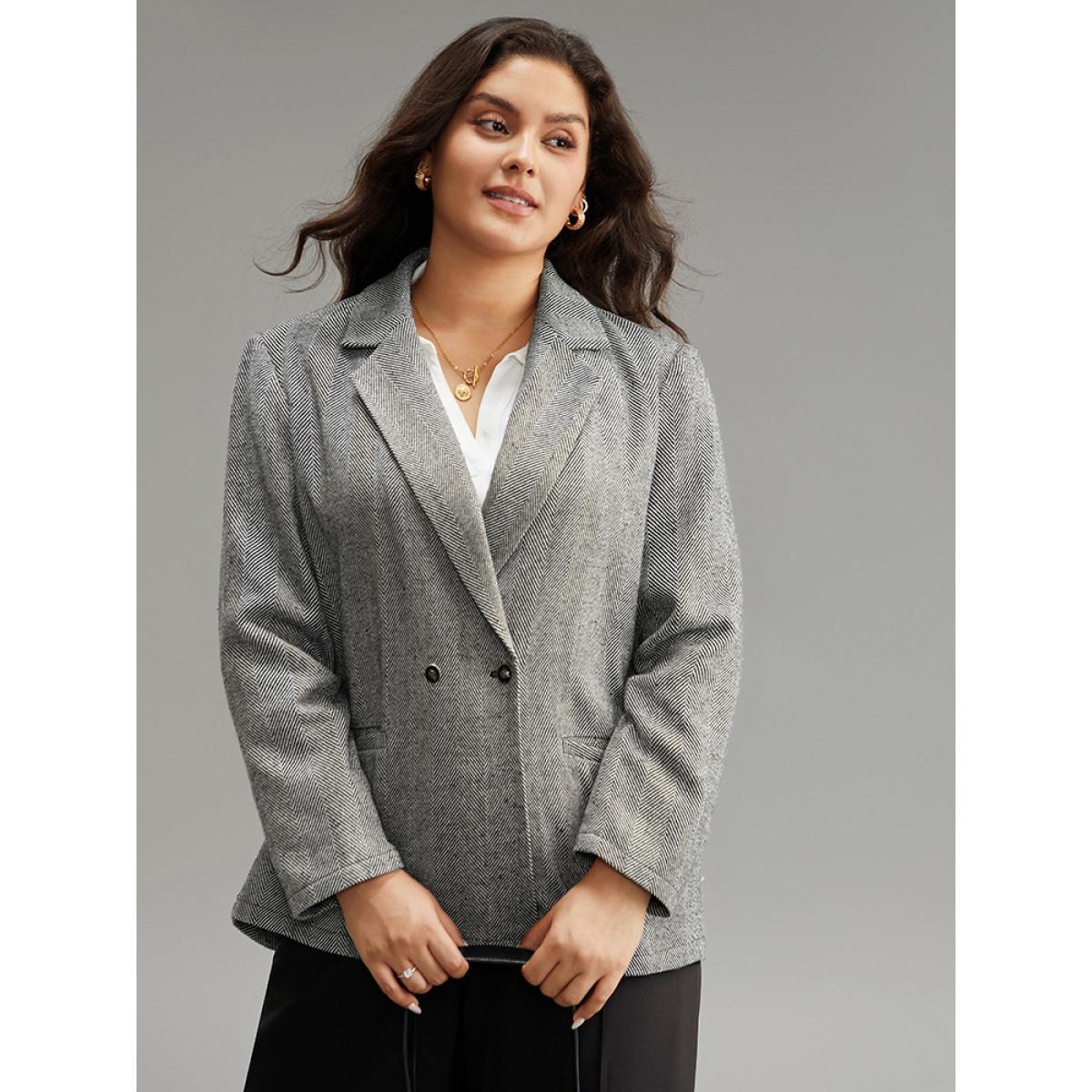 Plus Size Geo Striped Patched Pocket Button Down Blazer Gray Women Work Geometric Texture Sleeve Long Sleeve Suit Collar 14-16/1X Pocket Office Blazers BloomChic Product Image