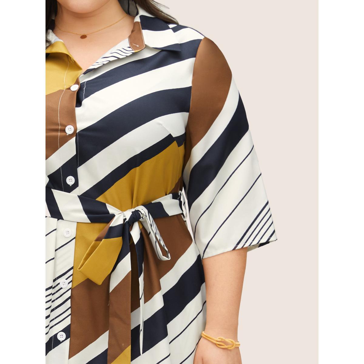 Plus Size Striped Colorblock Contrast Belted Dress Yellow Women At the Office Non Shirt collar Long Sleeve Curvy Midi Dress BloomChic 14-16/1X Product Image