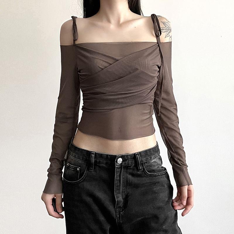 Long Sleeve Tie-Strap Off-Shoulder Plain Mesh  Crop Top Product Image
