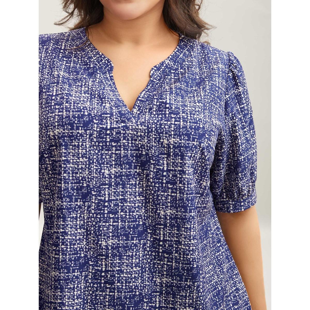 Plus Size DarkBlue Geometric Print Puff Sleeve Blouse Women Elegant Short sleeve Flat collar with V-notch Everyday Blouses BloomChic 28/5X Product Image