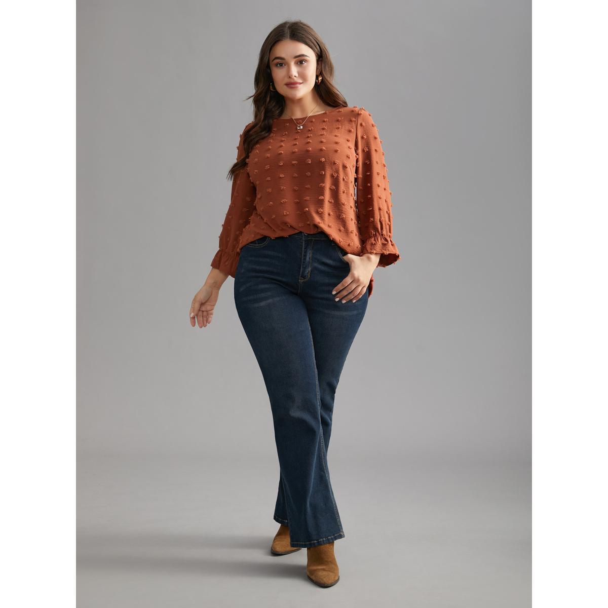 Plus Size Yellowishbrown Textured Balloon Sleeves Round Neck Blouse Women Elegant Elbow-length sleeve Round Neck Everyday Blouses BloomChic 10/M Product Image