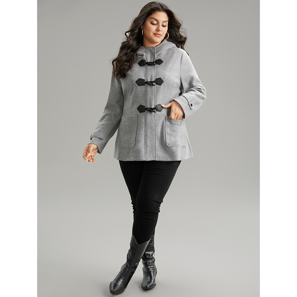Plus Size Solid Duffle Button Pocket Hooded Coat Women DimGray Casual Plain Ladies Dailywear Winter Coats BloomChic 12/L Product Image
