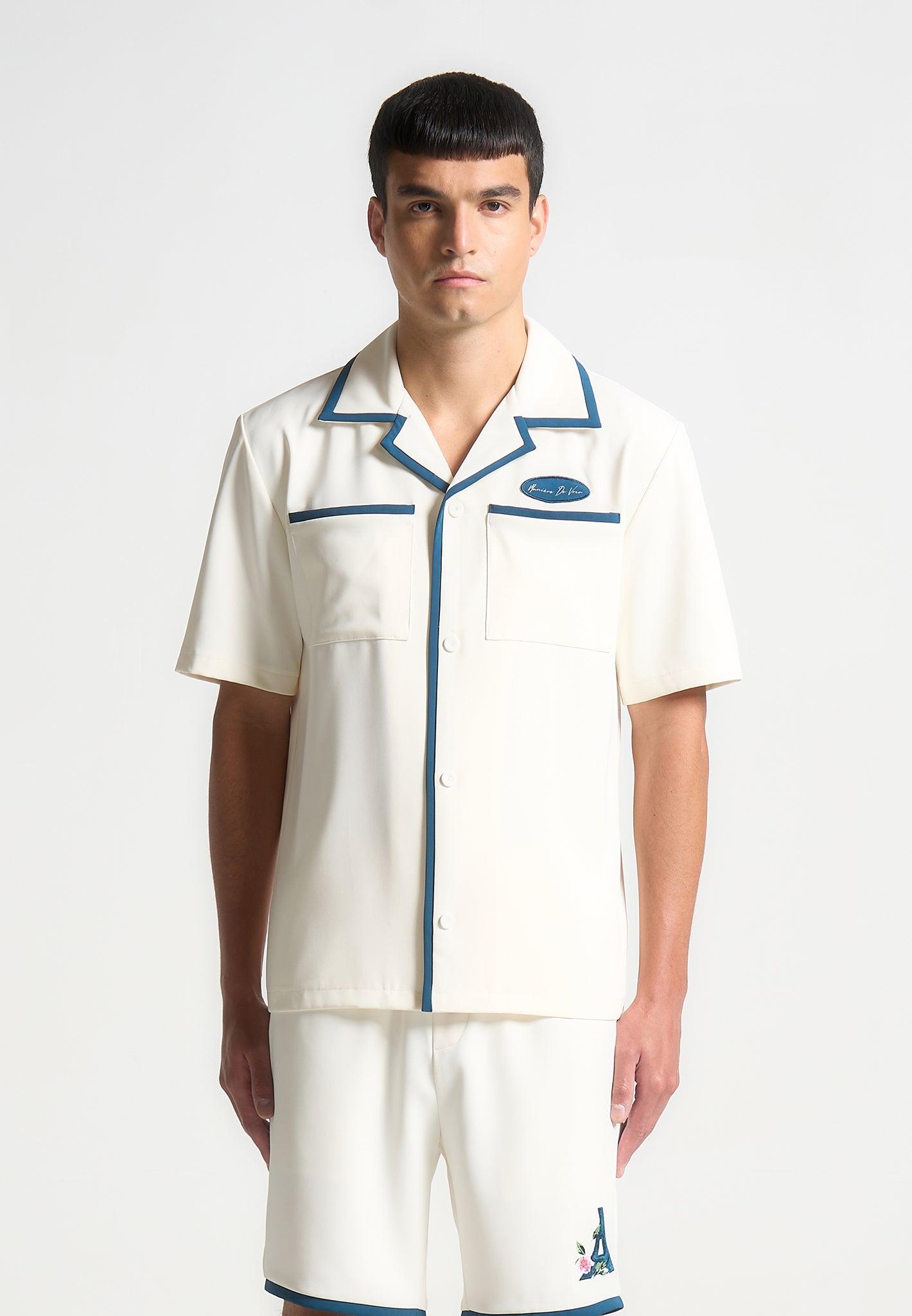 Velvet Eiffel Bowling Shirt - Cream/Blue Male Product Image