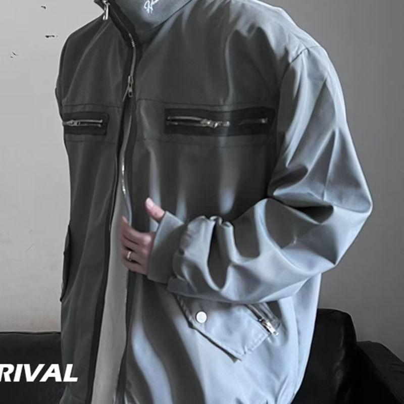 Stand Collar Lettering Print Multi-Zip Jacket Product Image