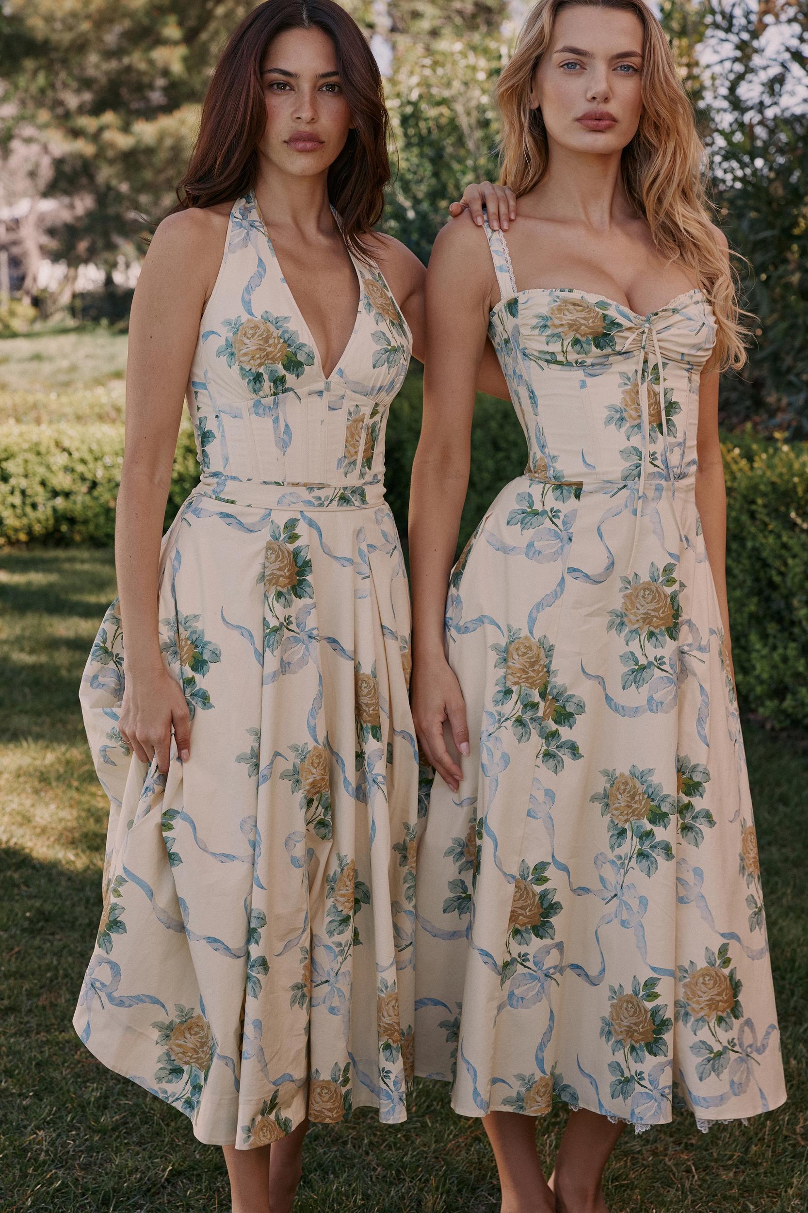 Rosalee  lemon vintage ribbon print cotton midi dress Product Image