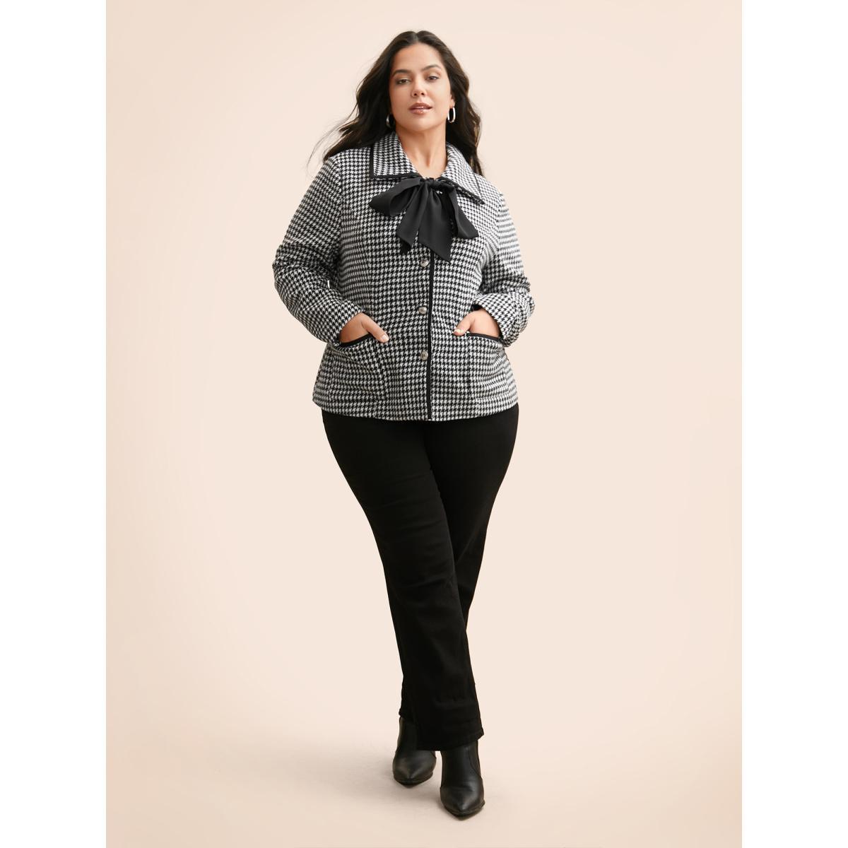 Plus Size Houndstooth Tie Knot Woven Ribbon Jacket Women Black Woven ribbon&lace trim Patch pocket Everyday Jackets BloomChic 22-24/3X Product Image