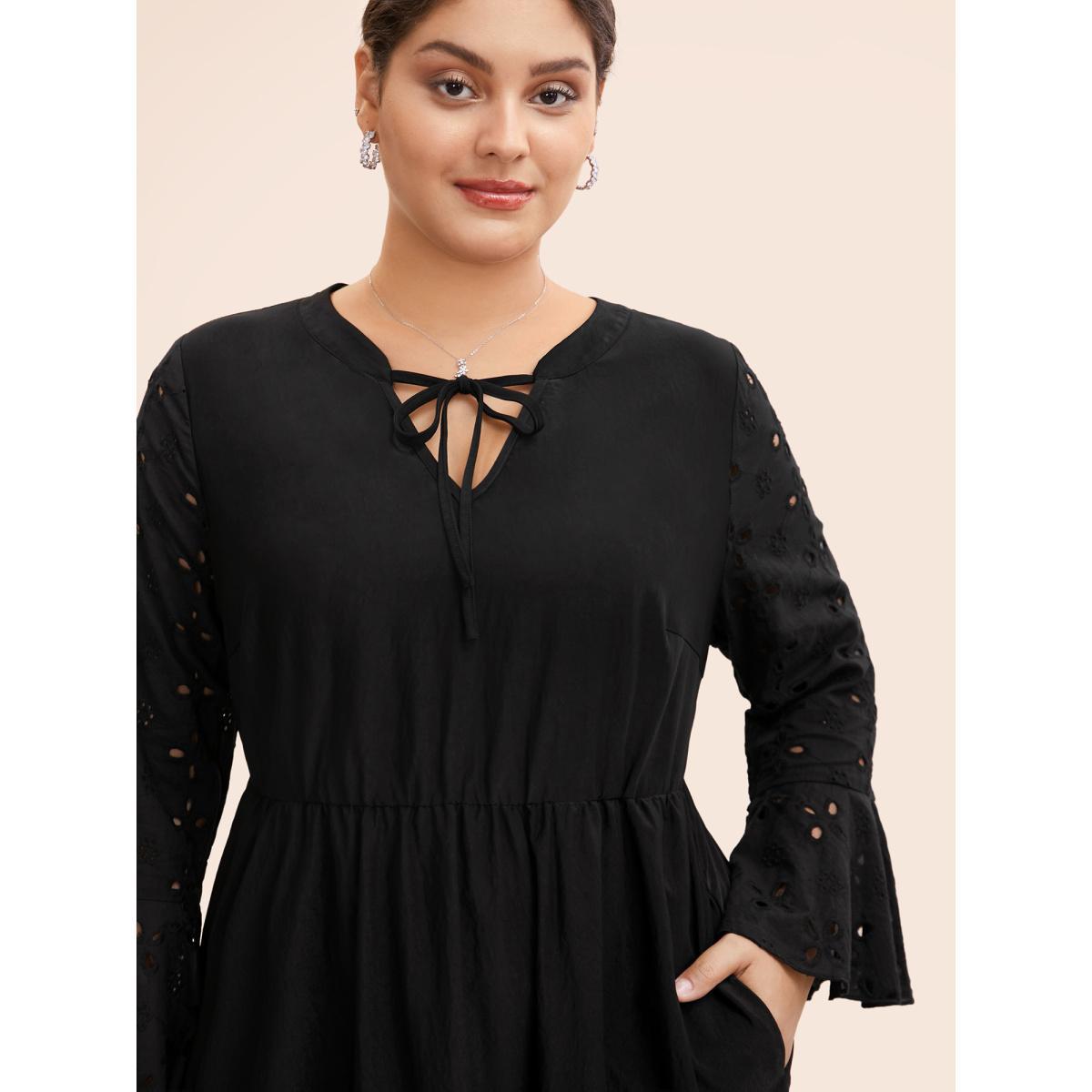 Plus Size Embroidered Flare Cuffs Midi Dress Black Women Resort Woven ribbon&lace trim Notched collar Long Sleeve Curvy BloomChic 12/L Product Image
