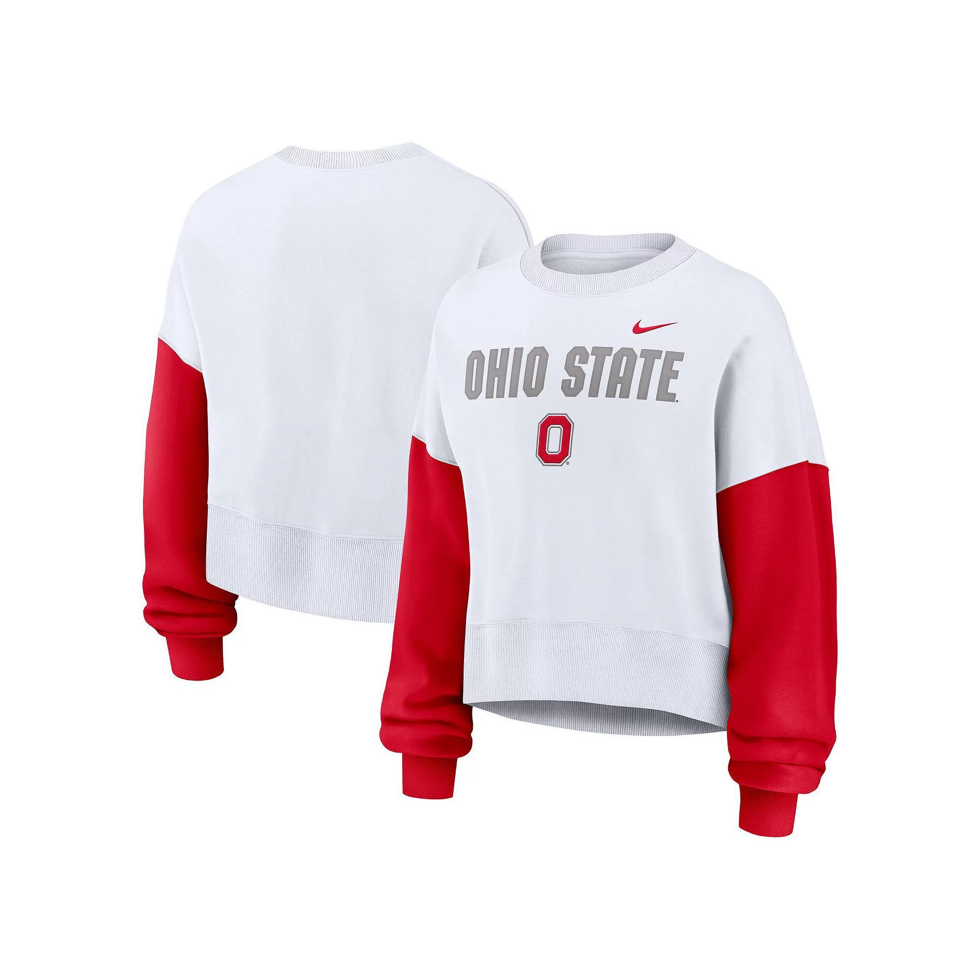 Women's Nike White Ohio State Buckeyes Color-Block Oversized Cropped Pullover Sweatshirt, Size: XXL Product Image