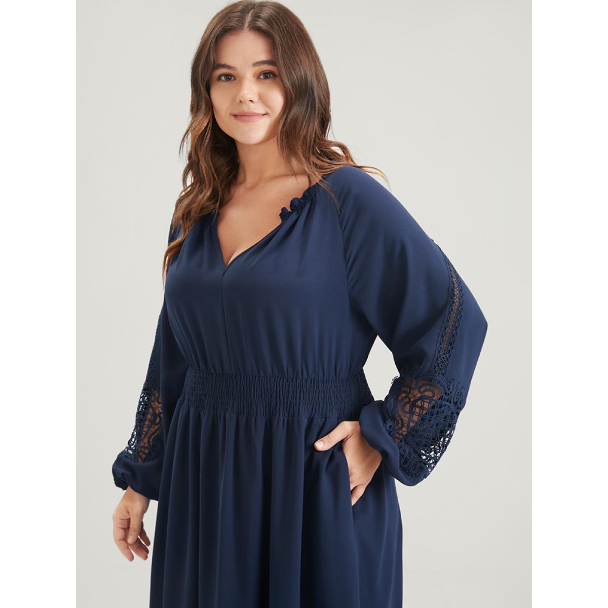 Plus Size Solid Pocket Crochet Lace Lantern Sleeve Ruffle Shirred Midi Dress DarkBlue Women Dating Plain V-neck Long Sleeve Curvy Midi Dress BloomChic 10/M Product Image