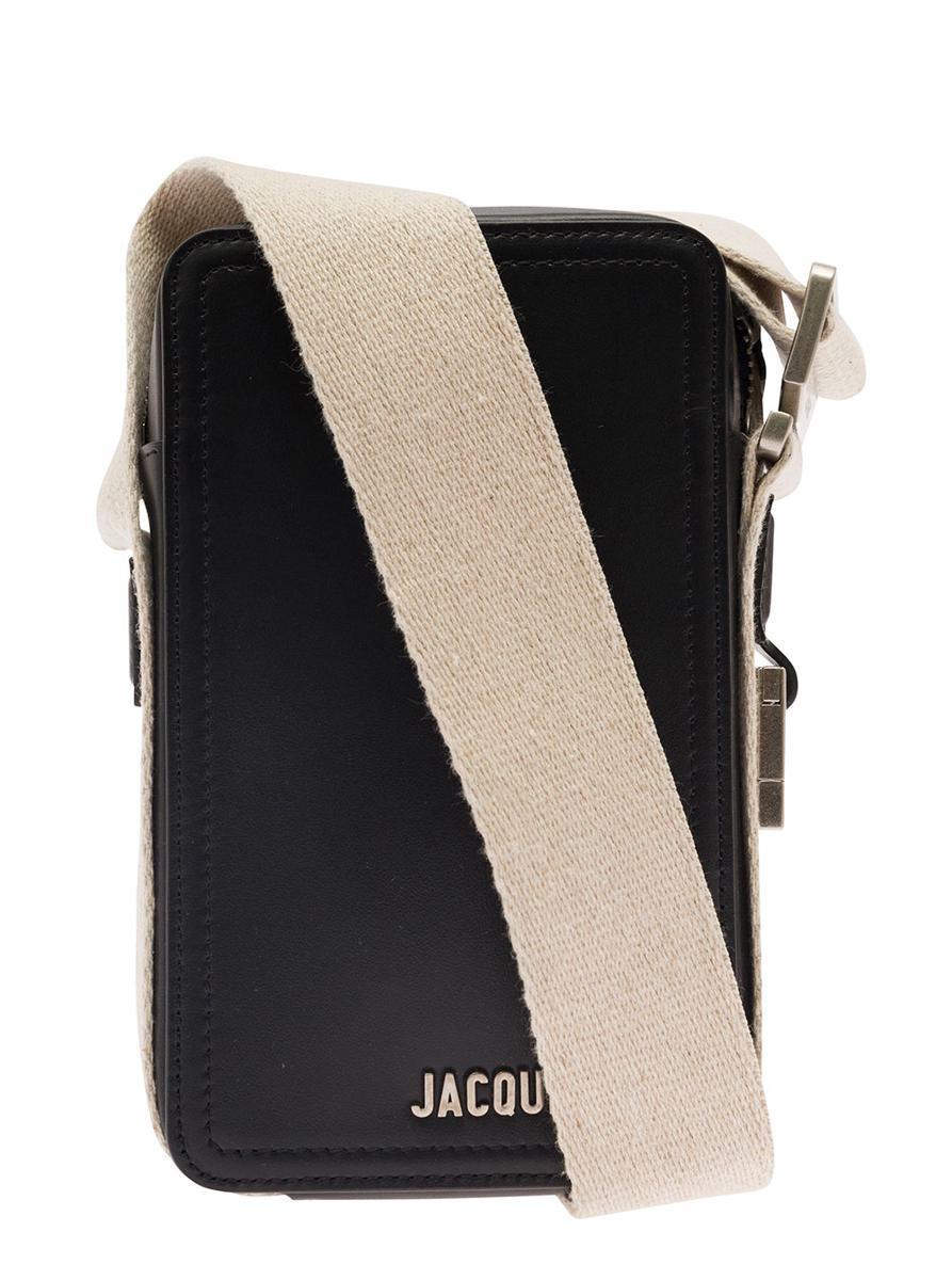 JACQUEMUS La Cuerda Vertical Black Shoulder Bag With Front Logo In Smooth Leather Man Product Image