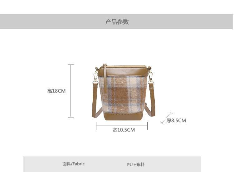 Plaid Faux Leather Panel Bucket Bag Product Image