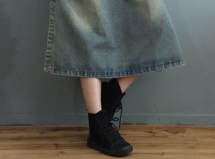Long-Sleeve Patchwork Hooded Washed Denim Midi Smock Dress Product Image