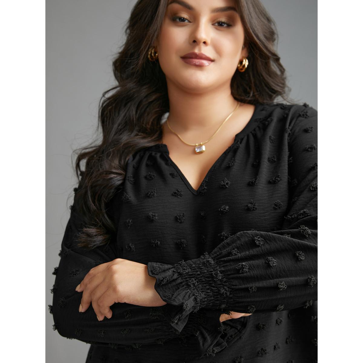 Plus Size Black Plain Textured Shirred Gathered Blouse Women Elegant Long Sleeve V-neck Everyday Blouses BloomChic 12/L Product Image