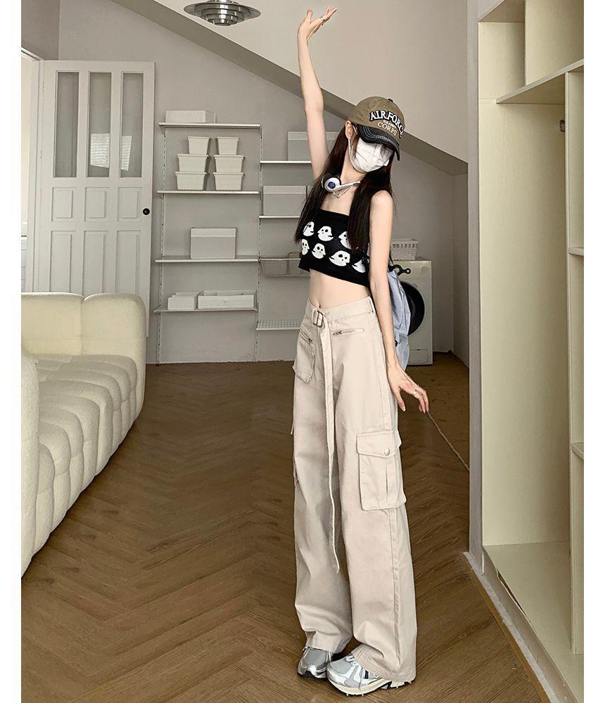 Mid Rise Plain Wide Leg Cargo Jeans Product Image