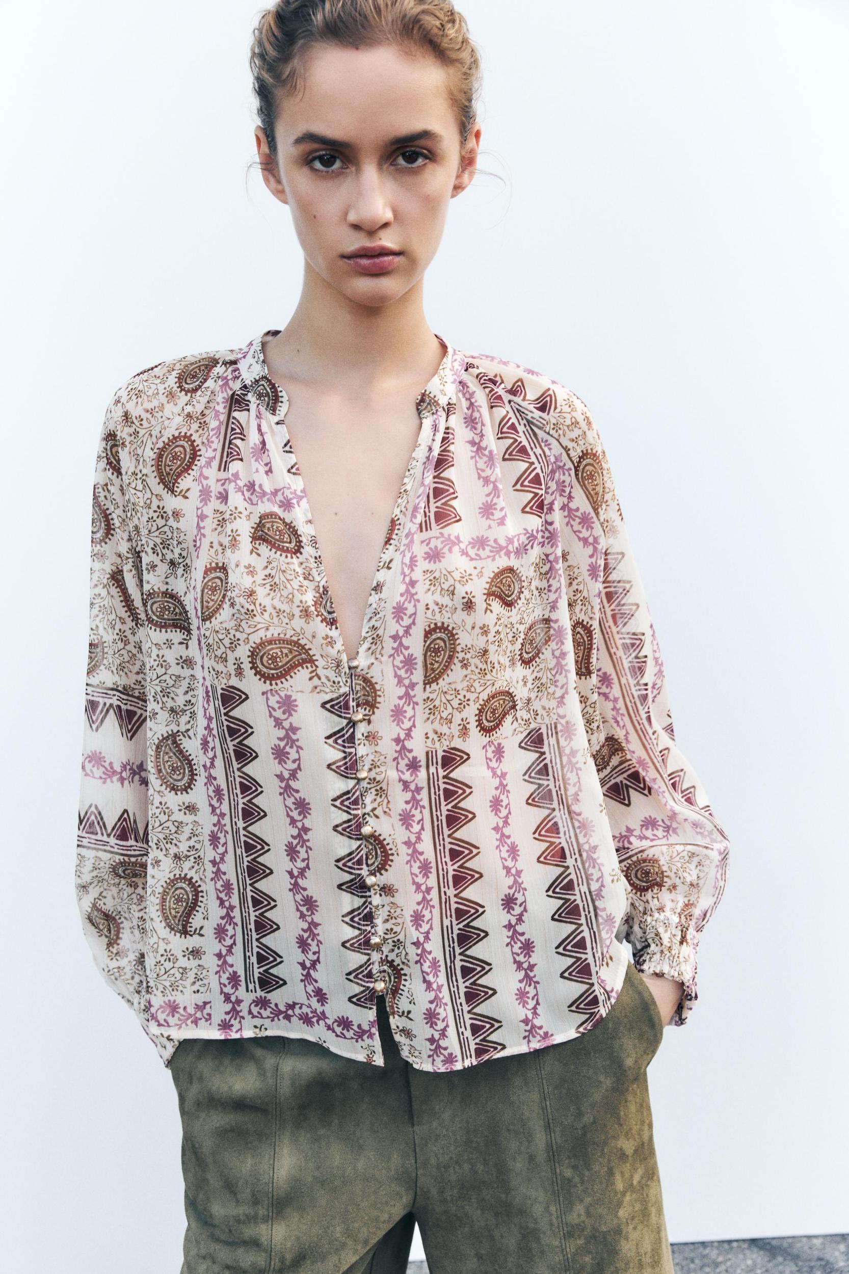 PATCHWORK PRINT SEMI-SHEER BLOUSE Product Image