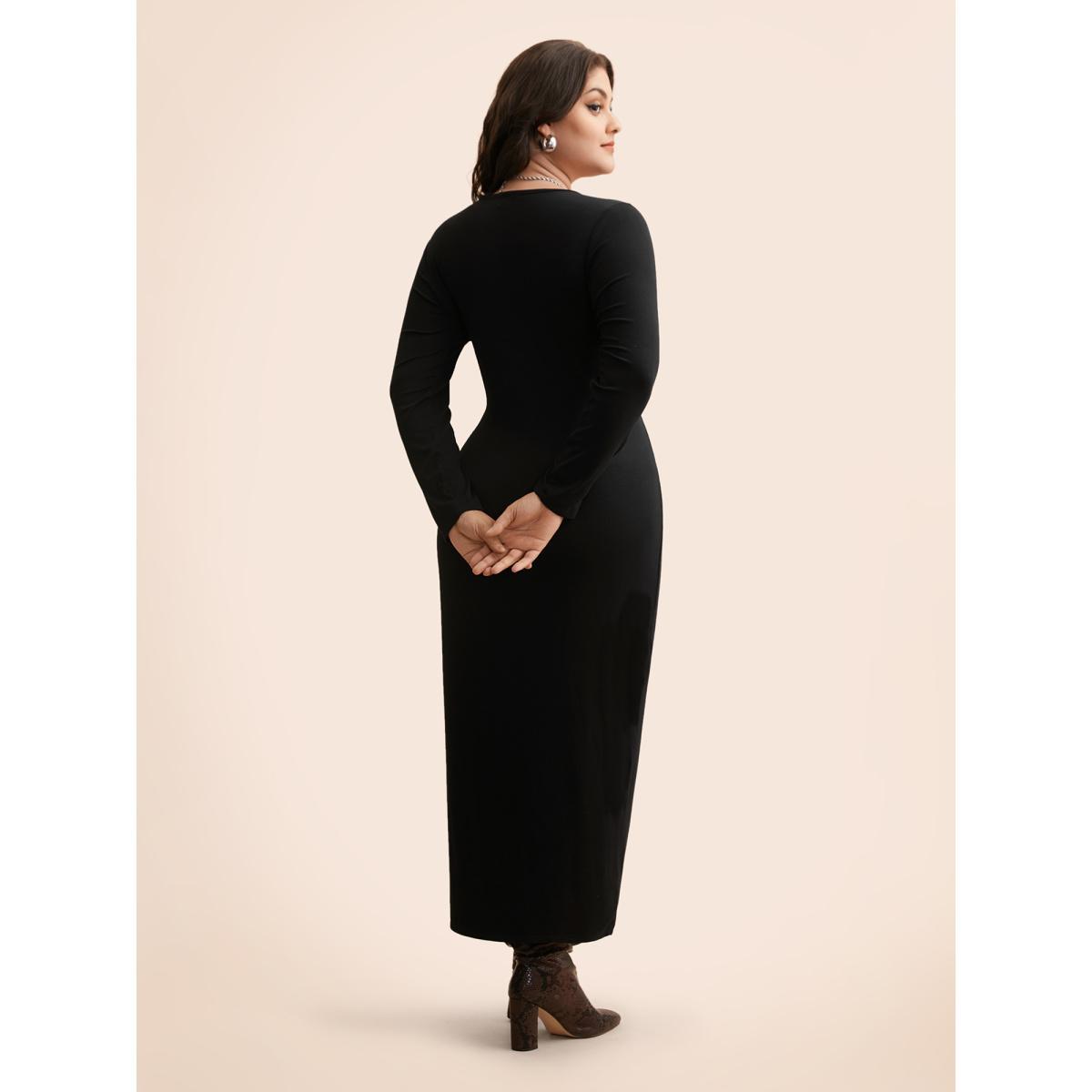 Plus Size Metal Detail Keyhole Split Hem Dress Black Women Elegant Texture Boat Neck Long Sleeve Curvy BloomChic 30/6X Product Image