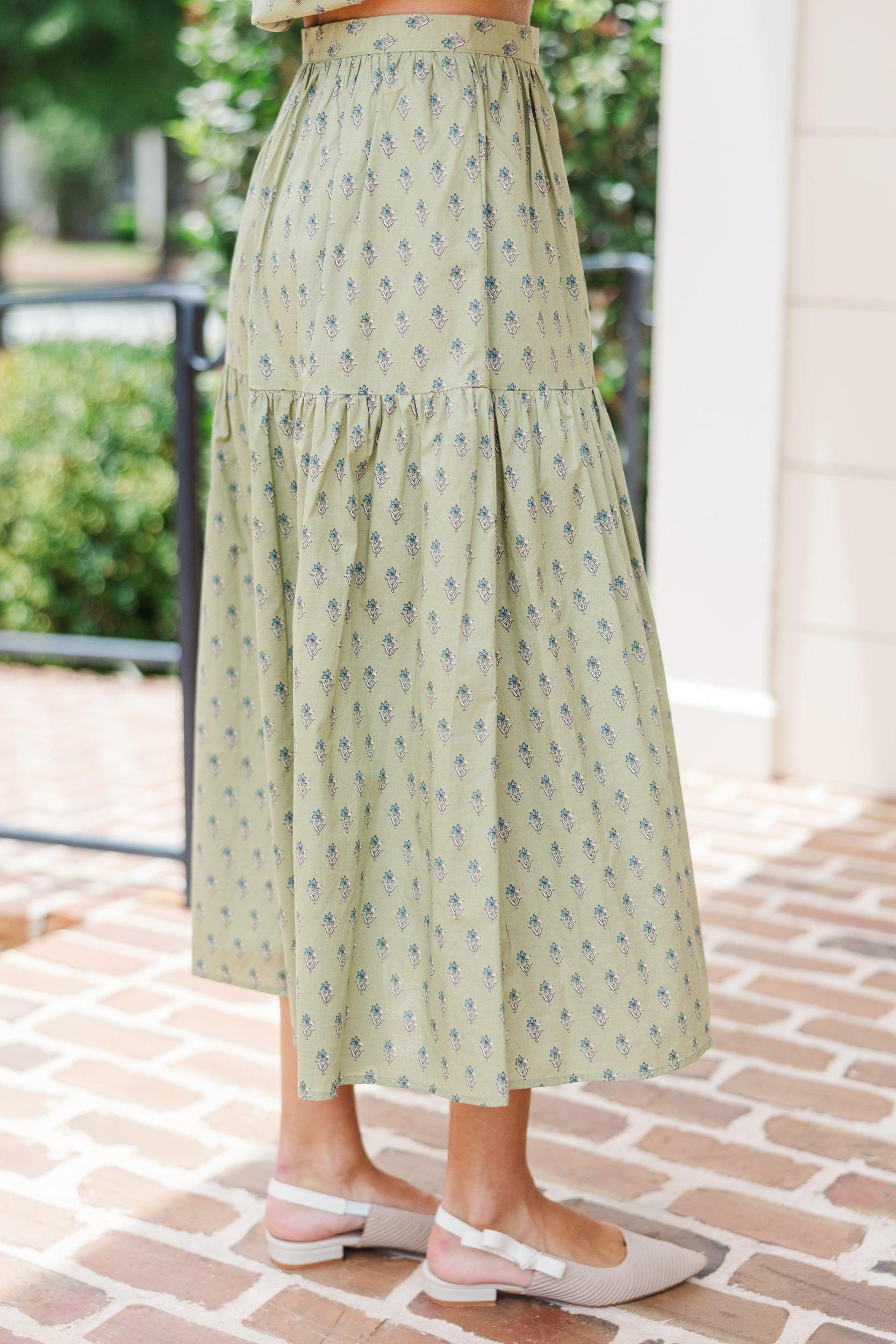 More Than You Know Pistachio Green Floral Midi Skirt Female Product Image