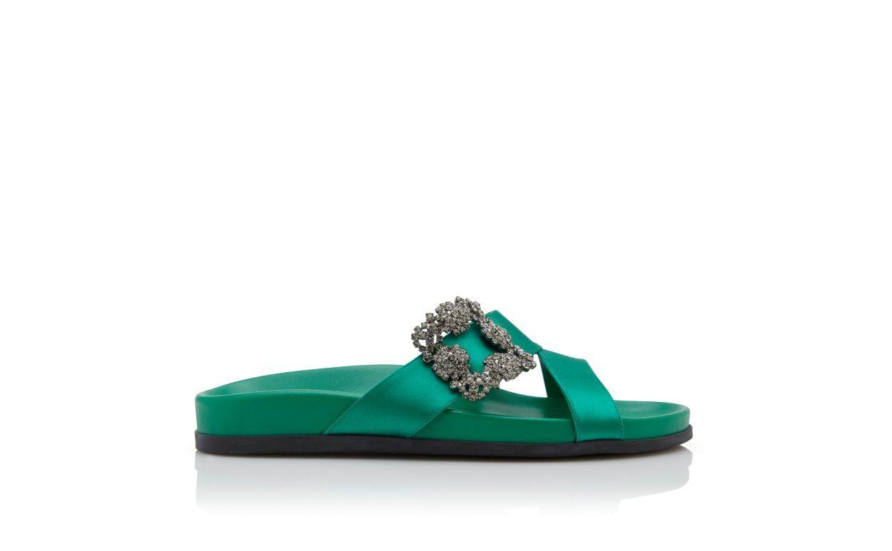 CHILANGHI Green Satin Jewel Buckle Flat Mules Product Image