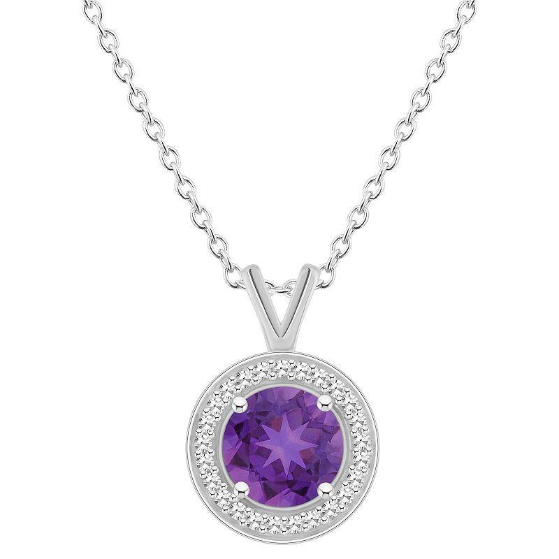 Celebration Gems Sterling Silver Round Gemstone & 1/8 Carat T.W. Diamond Halo Pendant Necklace, Womens Purple Product Image
