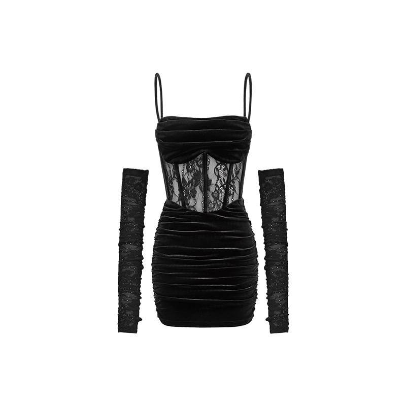 Spaghetti Strap Velvet Panel Lace Bodycon Dress with Arm Sleeves (Various Designs) Product Image