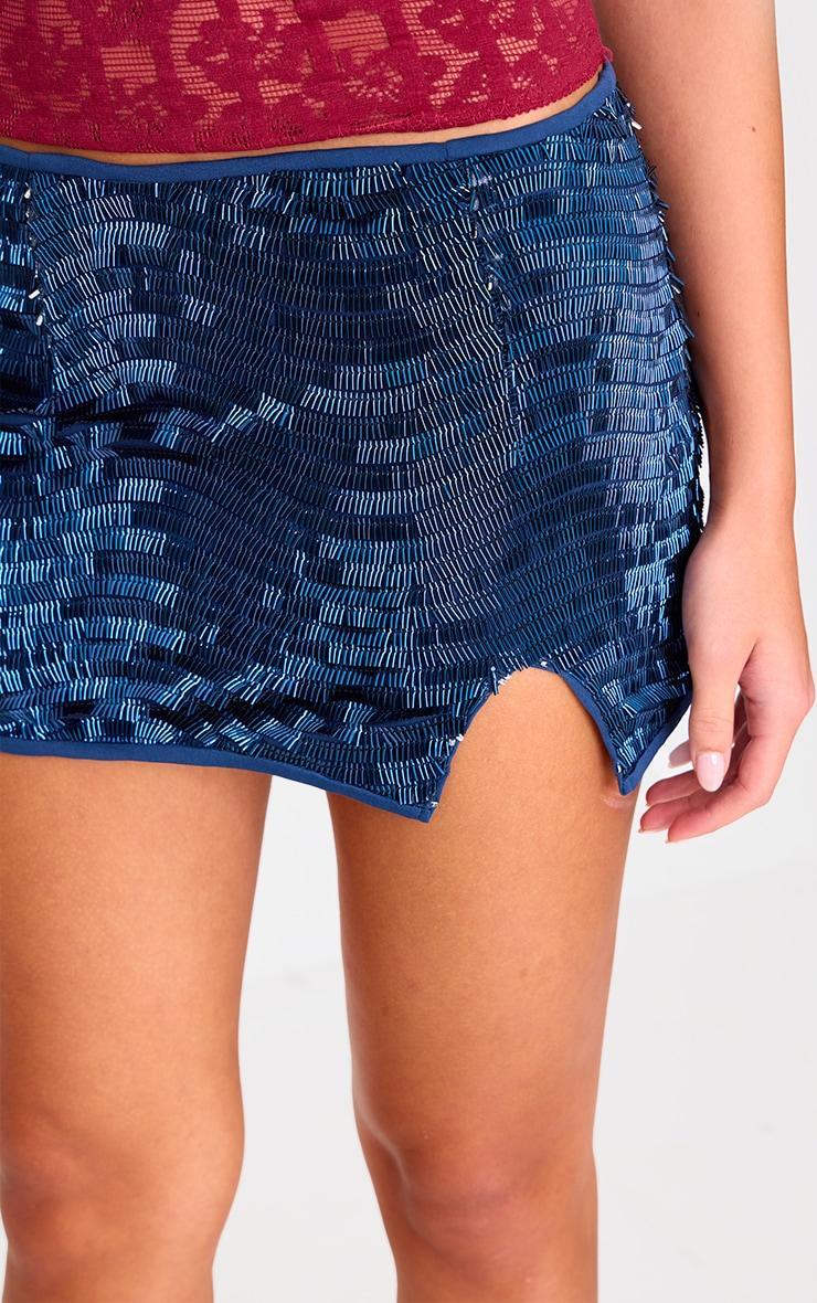 Midnight Blue Beaded Sequin Mini Skirt Product Image