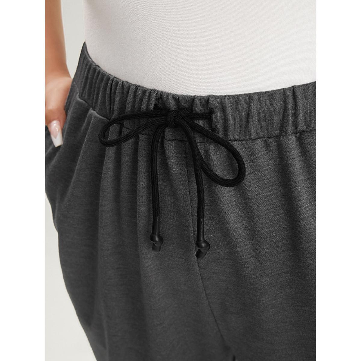 Plus Size Plain Pocket Elastic Waist Ties Front Pants Women Gray Casual Loose High Rise Dailywear Pants BloomChic 10/M Product Image