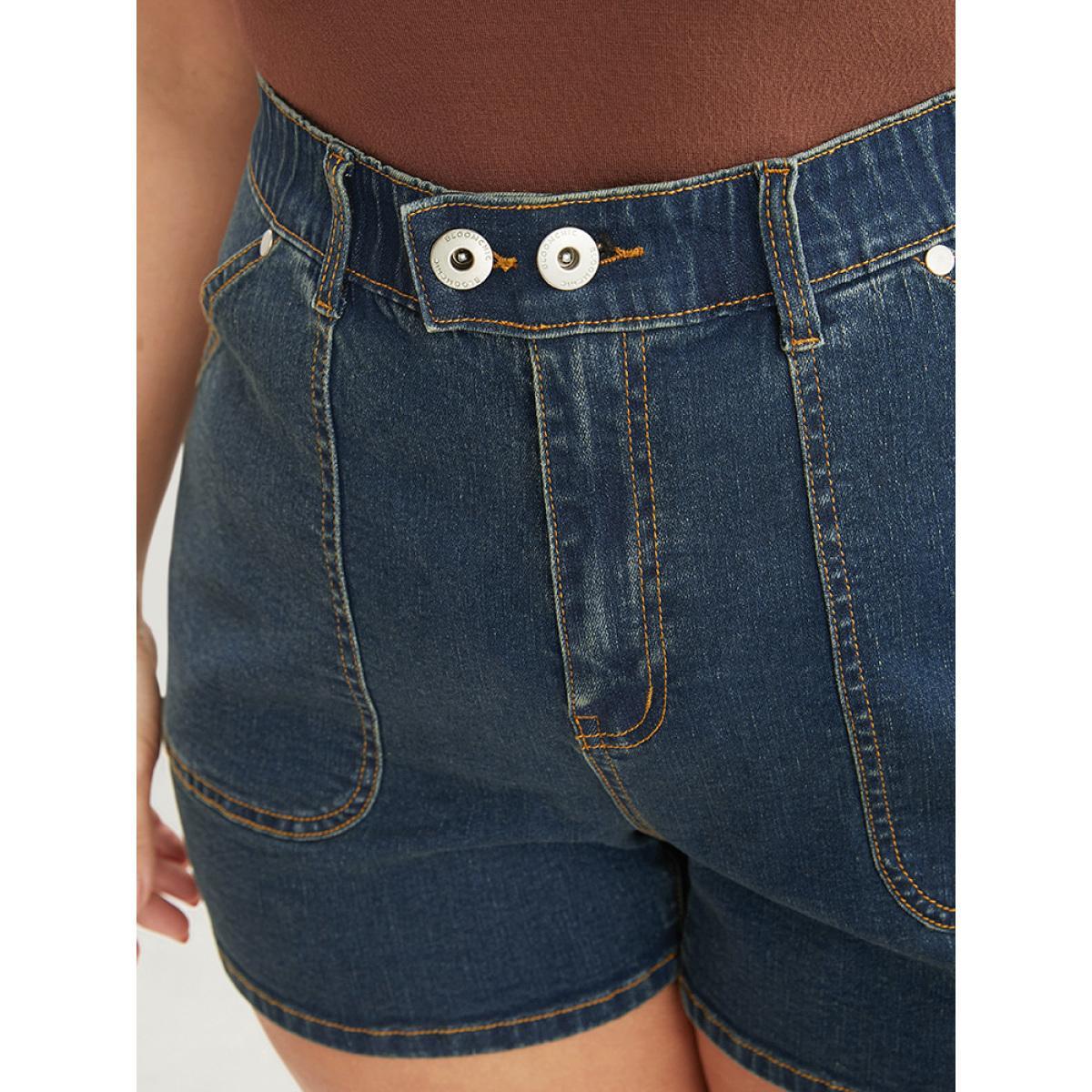 Plus Size Very Stretchy Dark Wash Pocket Denim Shorts Women Indigo Casual Plain High stretch Pocket Jeans BloomChic 10/M Product Image