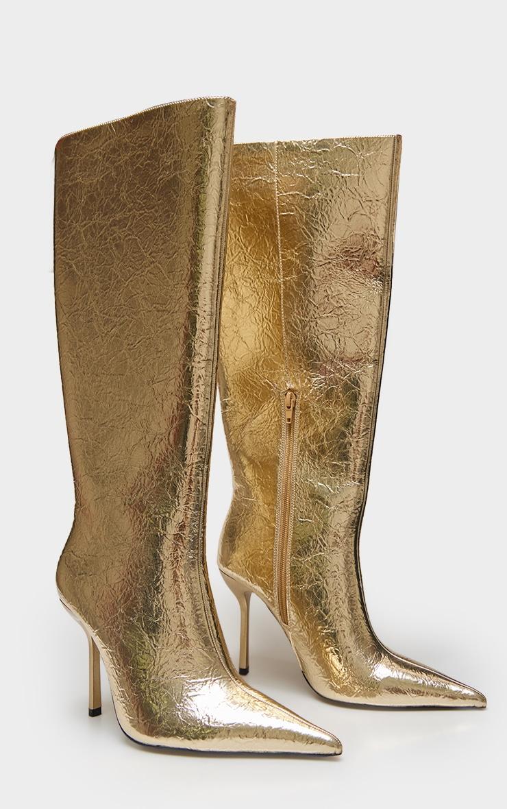 Gold PU Crinkle Point Toe Knee High Stiletto Heeled Boots Product Image