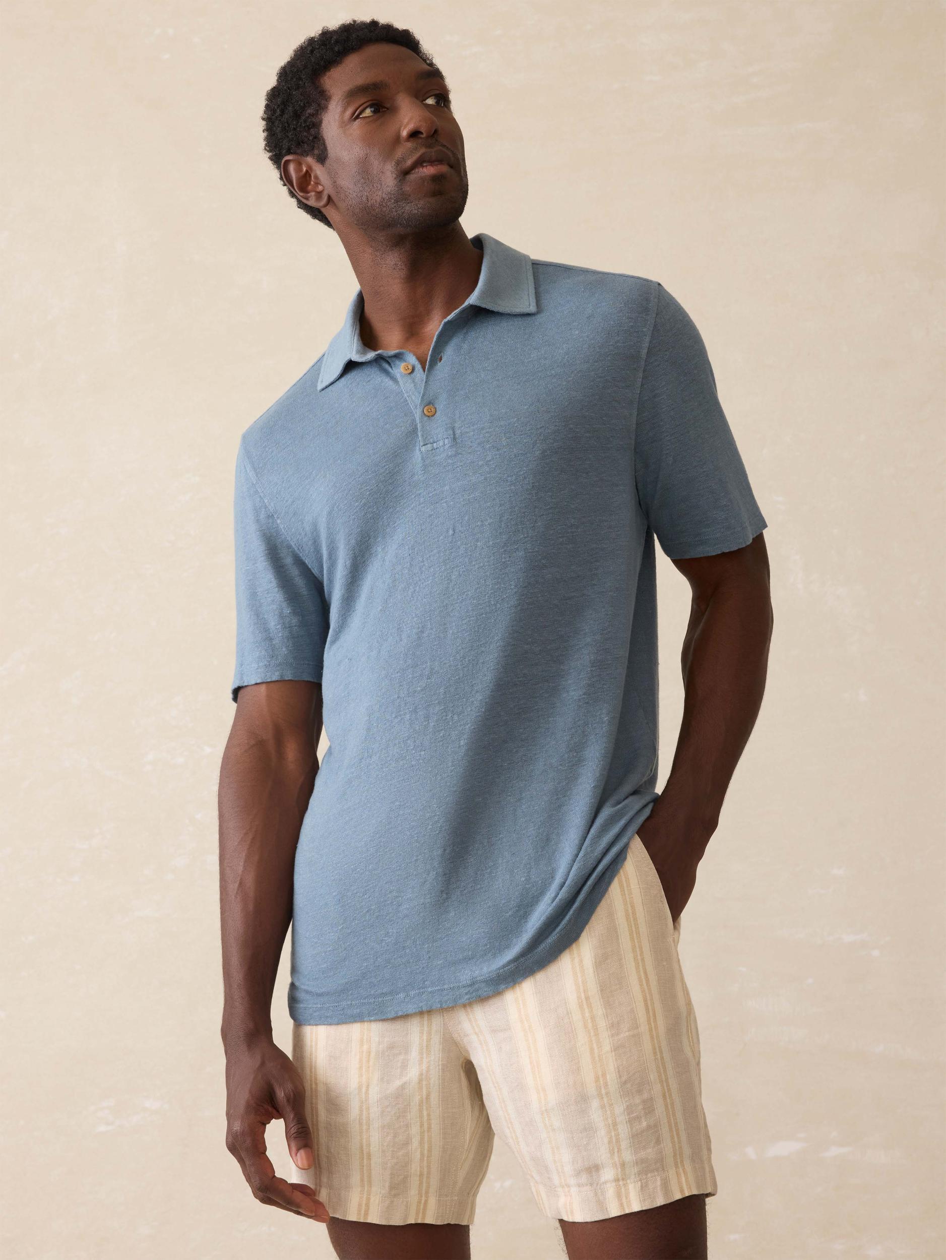 Short-Sleeve Linen Polo - Deep Marine Male Product Image