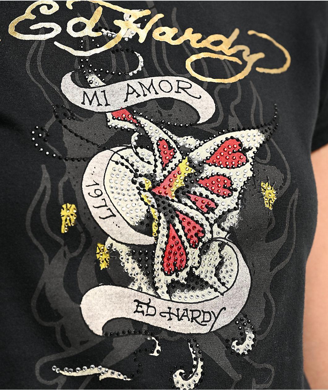 Ed Hardy Mi Amor Rhinestone Black Crop T-Shirt Product Image