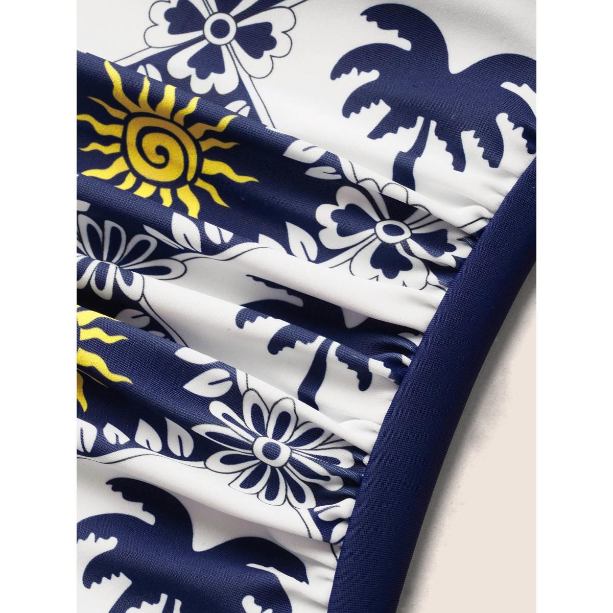 Plus Size Tropical Print Patchwork Gathered Knotted One Piece Swimsuit Women's Swimwear Indigo Beach Gathered Curve Bathing Suits High stretch One Pieces BloomChic 14-16/1X Product Image