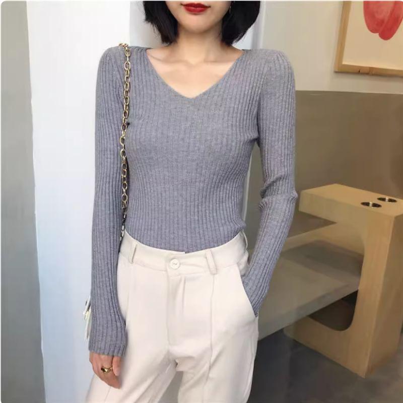 V-Neck Plain Ribbed Sweater Product Image