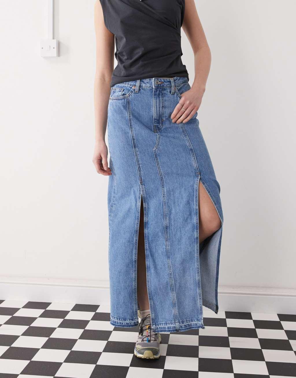 Monki western style denim maxi skirt in vintage blue wash  Product Image