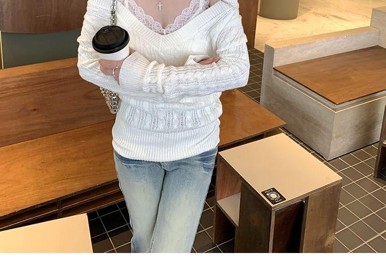 Mock Two-Piece Long-Sleeve V-Neck Knit Top Product Image