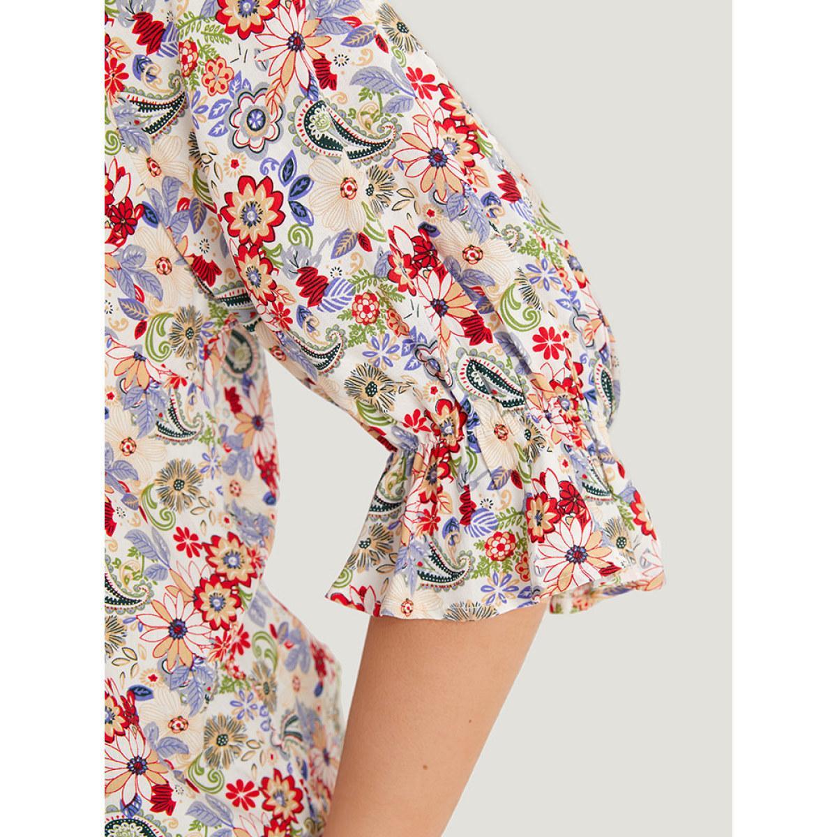 Plus Size Multicolor Floral & Paisley Graphic Button Up Lantern Sleeve Blouse Women Vacation Half Sleeve Round Neck Dailywear Blouses BloomChic 18-20/2X Product Image