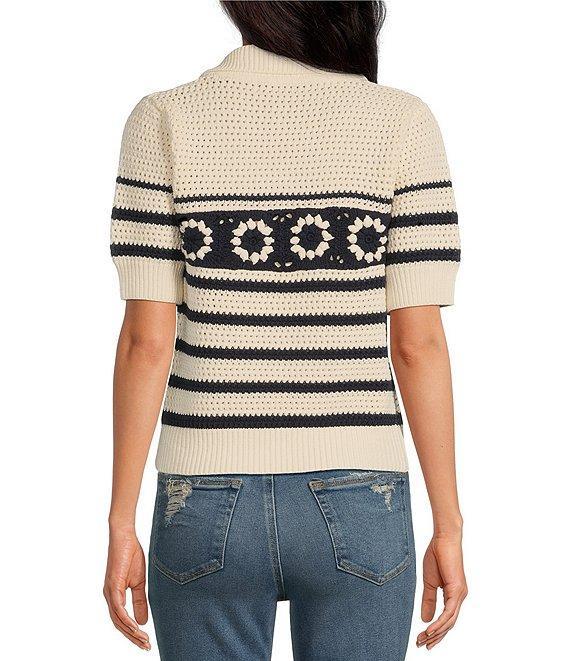 Skies Are Blue Crochet Stripe Split V-Neck Collared Short Sleeve Top Product Image