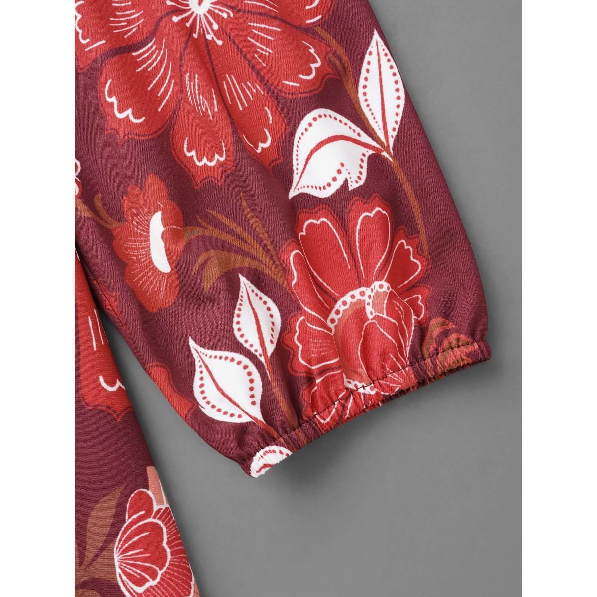 Plus Size Boho Print Belted Lantern Sleeve Dress Burgundy Women Cocktail Belted Notched collar Long Sleeve Curvy BloomChic 18-20/2X Product Image