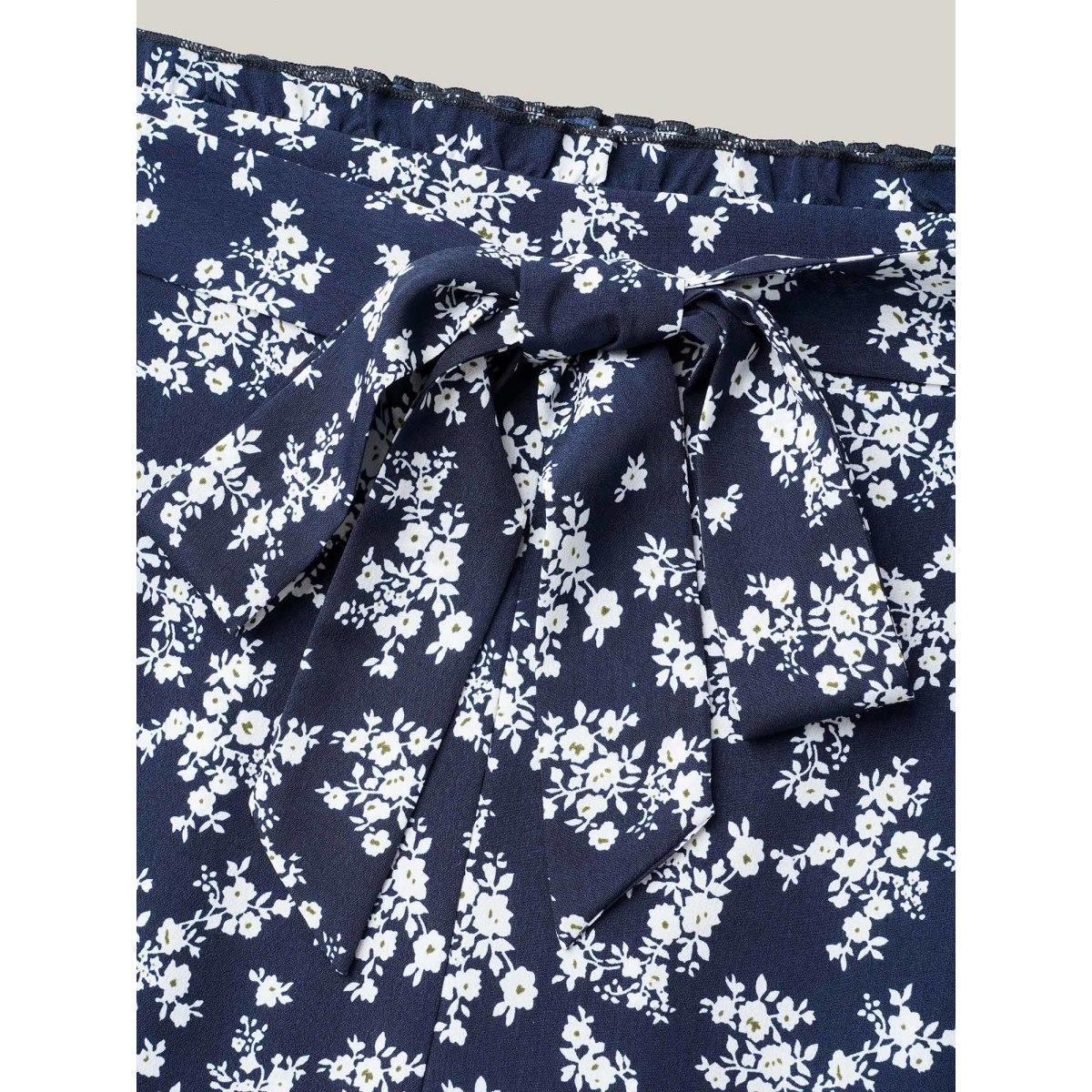 Plus Size Floral Print Waist Stretchy Wide Leg Pants Women Indigo Casual Wide Leg Mid Rise Everyday Pants BloomChic 14-16/1X Product Image