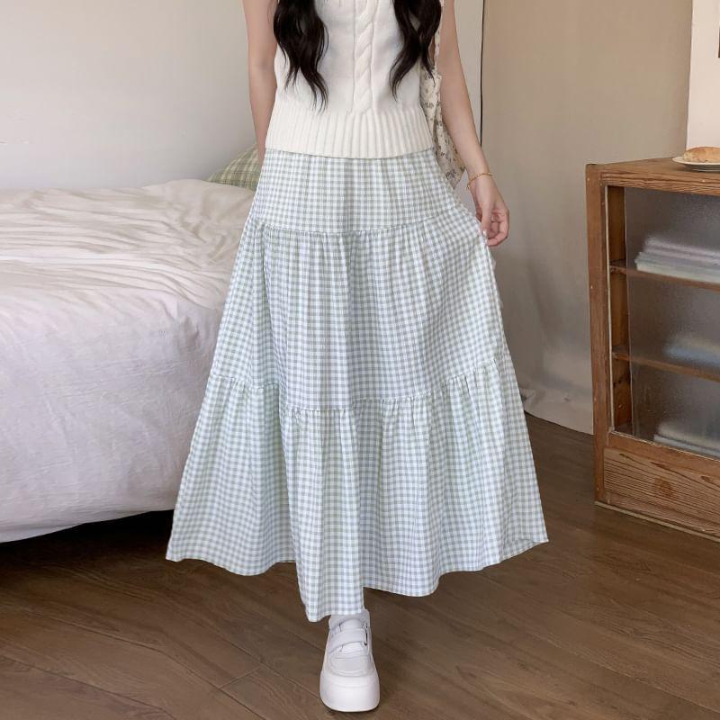High Rise Plaid Midi A-Line Skirt Product Image