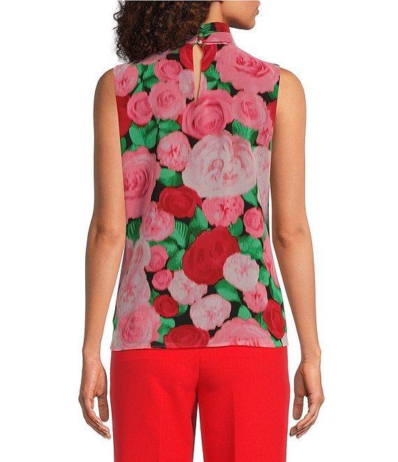 KARL LAGERFELD PARIS Chiffon Floral Print Mock Tie Neck Sleeveless Blouse Product Image