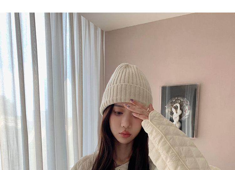 Crew Neck Plain Quilted Button-Up Crop Jacket Product Image
