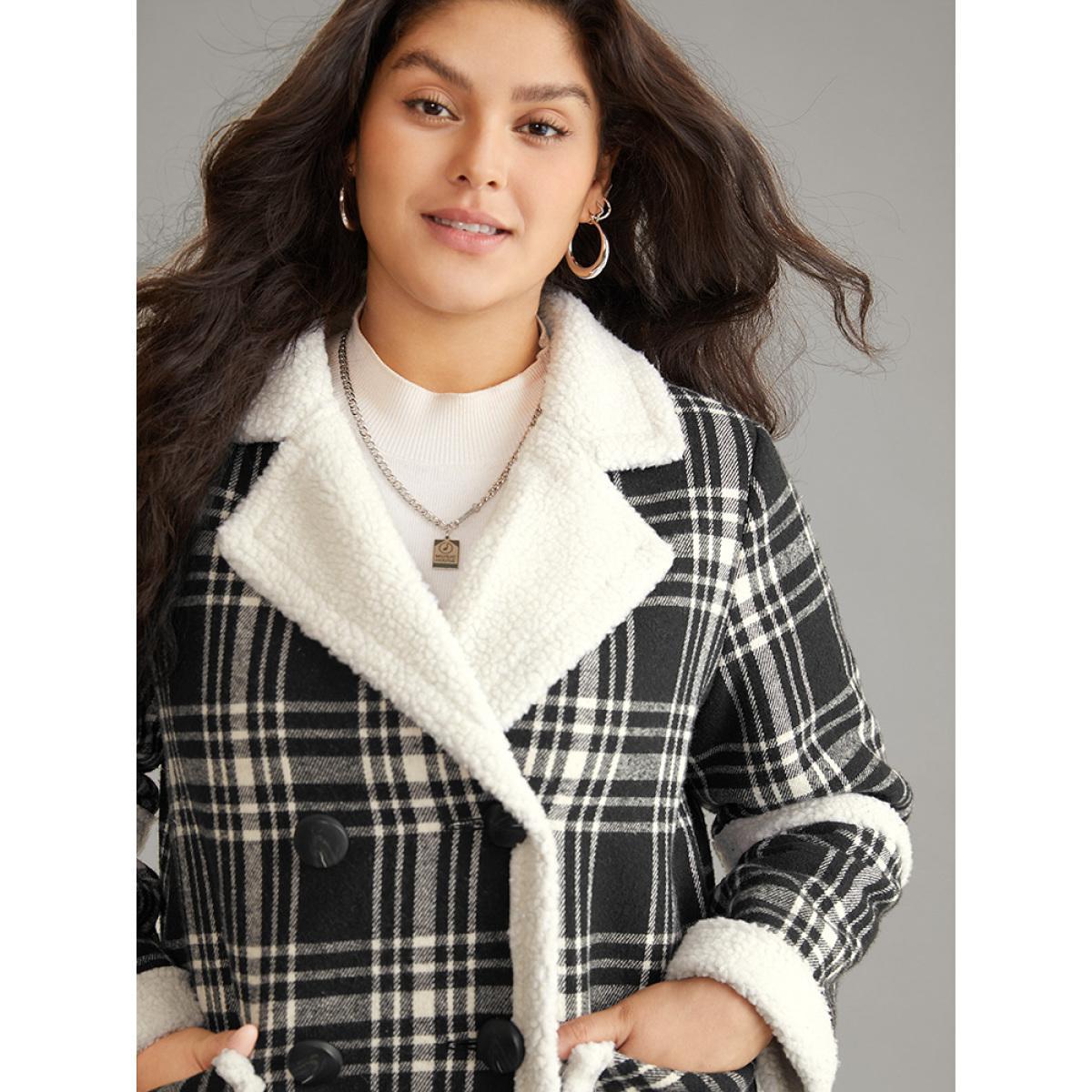 Plus Size Lapel Collar Plaid Pocket Fuzzy Trim Coat Women Black Casual Lined Ladies Dailywear Winter Coats BloomChic 12/L Product Image