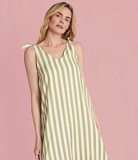 Buru Tie Shoulder Strap Stripe Print Scalloped V-Neck Maxi Dress Product Image